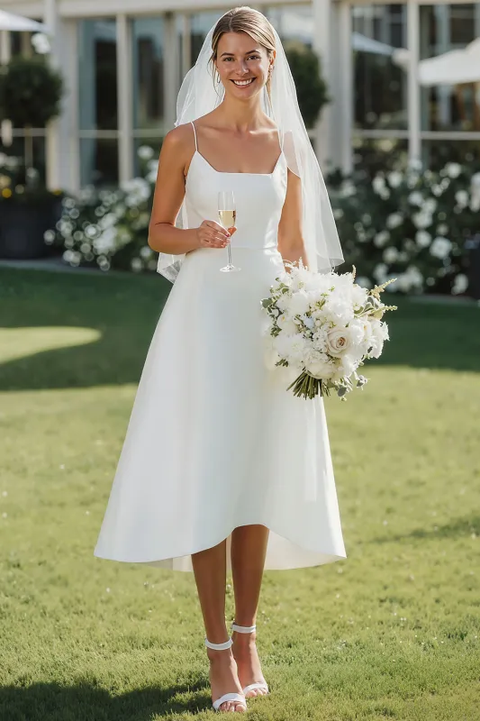 White Spaghetti Straps Midi A Line Wedding Dress sold by Zapaka