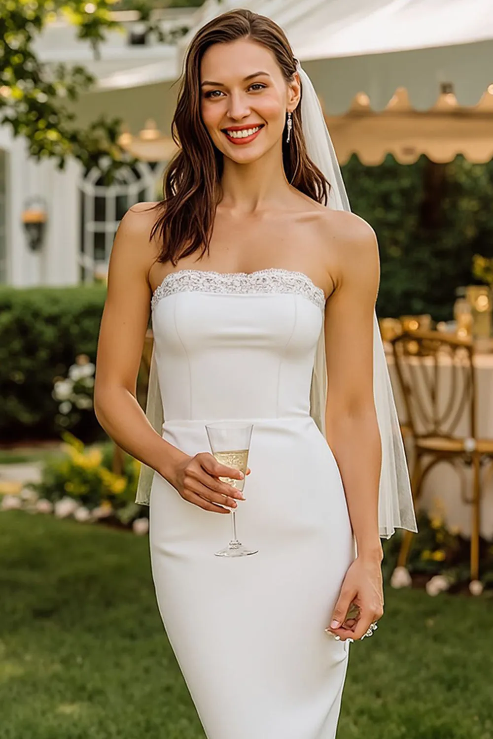 White Lace Strapless Midi Bodycon Wedding Dress with Back Zipper sold by Zapaka product image thumbnail 3