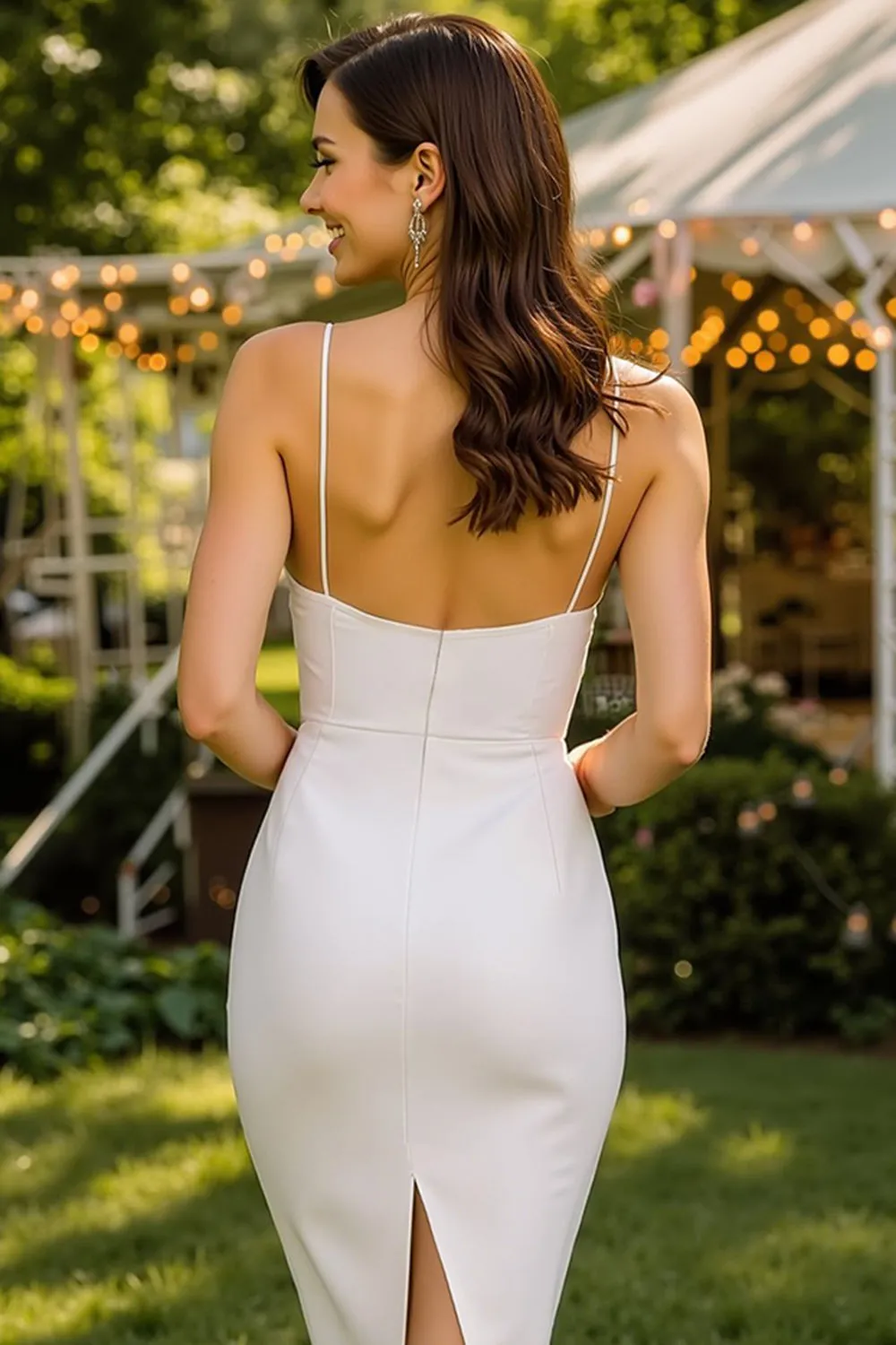 White Lace Spaghetti Straps Bodycon Midi Wedding Dress sold by Zapaka product image thumbnail 2