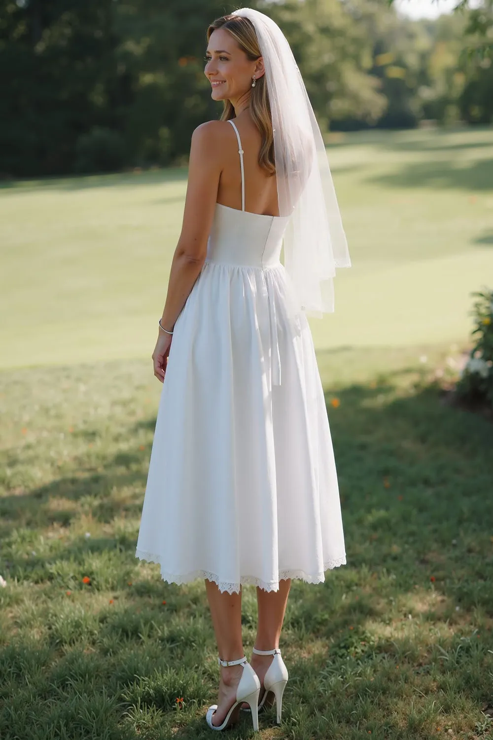 White Spaghetti Straps Lace A Line Midi Wedding Dress sold by Zapaka product image thumbnail 2