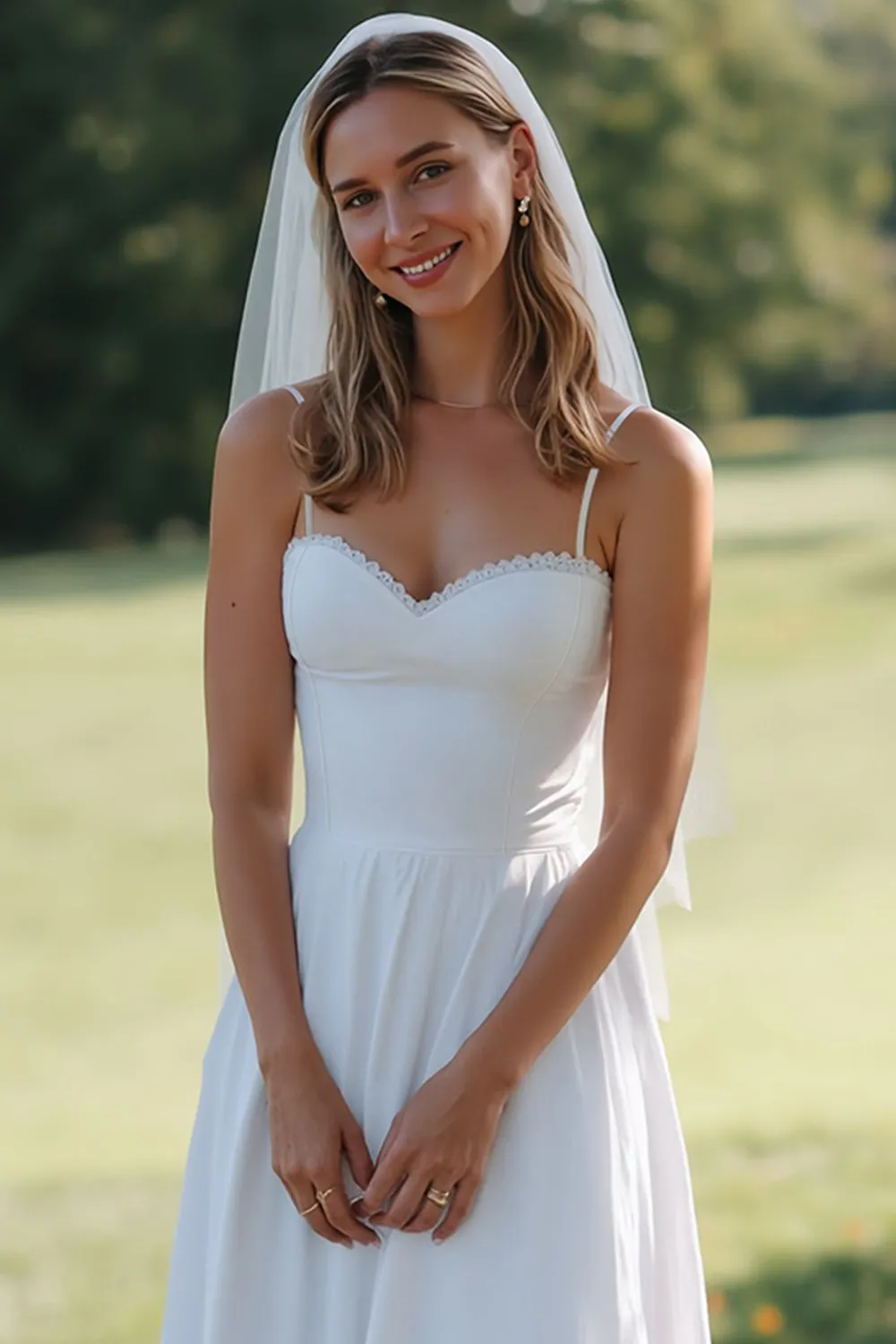 White Spaghetti Straps Lace A Line Midi Wedding Dress sold by Zapaka product image thumbnail 3