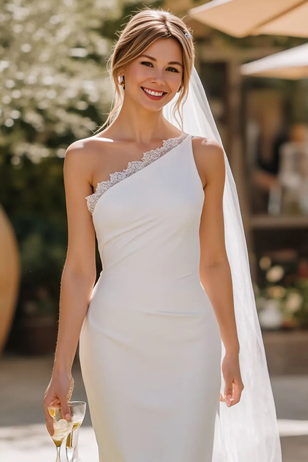White One Shoulder Lace Sheath Midi Wedding Dress sold by Zapaka product image thumbnail 3