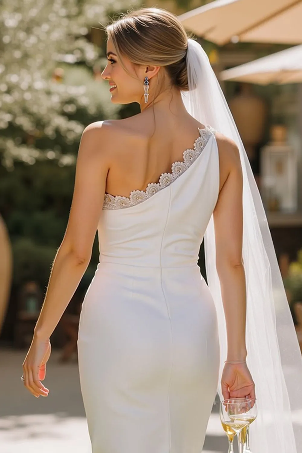 White One Shoulder Lace Sheath Midi Wedding Dress sold by Zapaka product image thumbnail 4