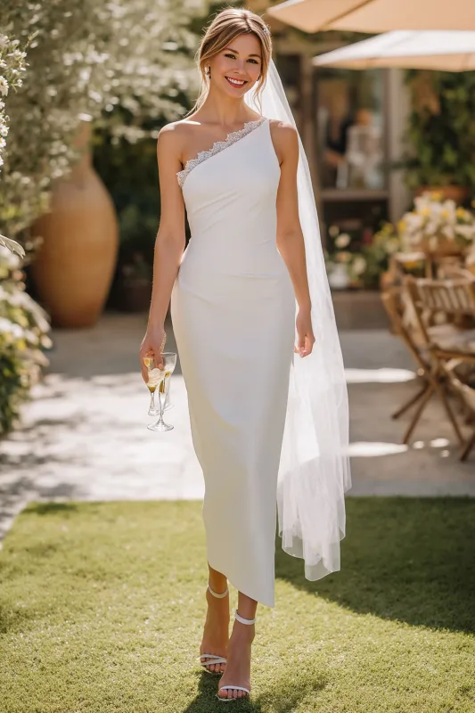 White One Shoulder Lace Sheath Midi Wedding Dress made by Zapaka