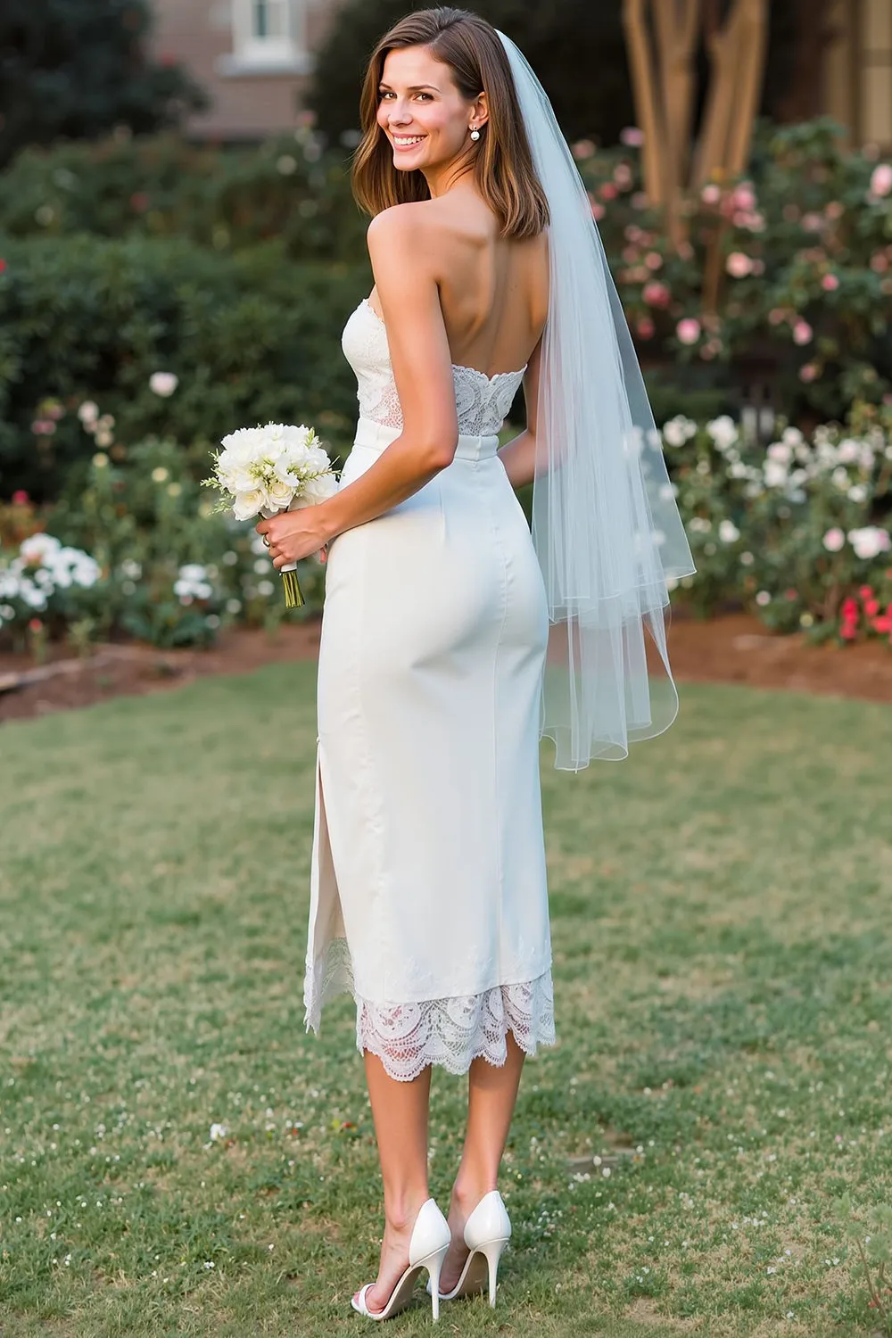 White Strapless Lace Sheath Midi Wedding Dress with Slit sold by Zapaka product image thumbnail 2