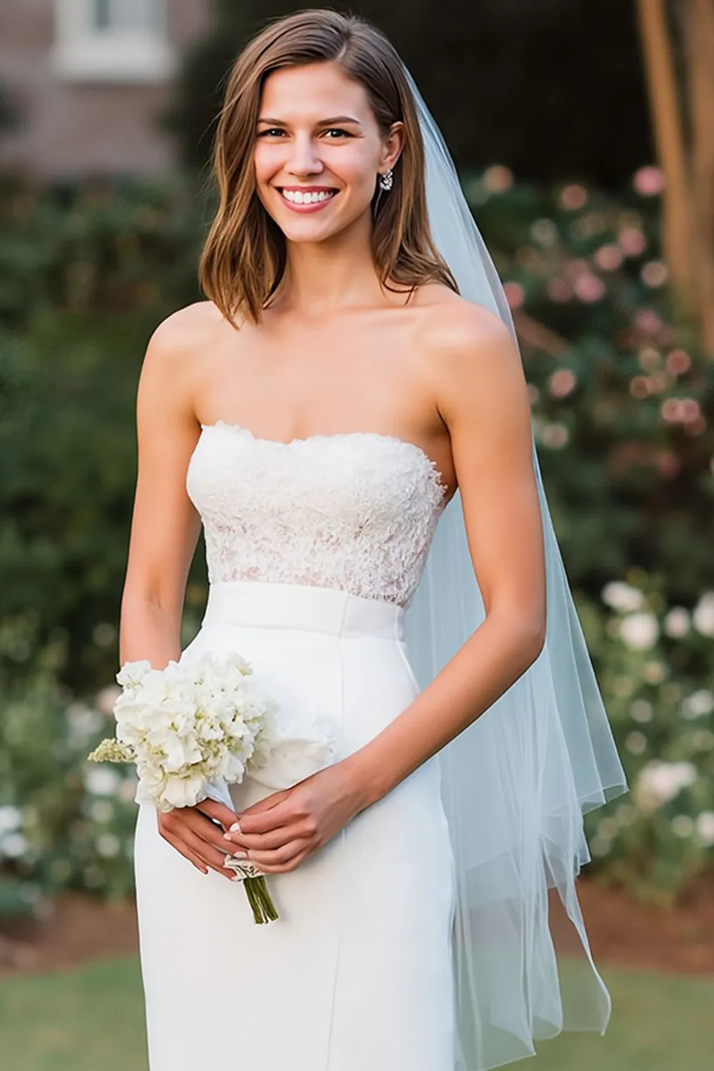 White Strapless Lace Sheath Midi Wedding Dress with Slit sold by Zapaka product image thumbnail 3