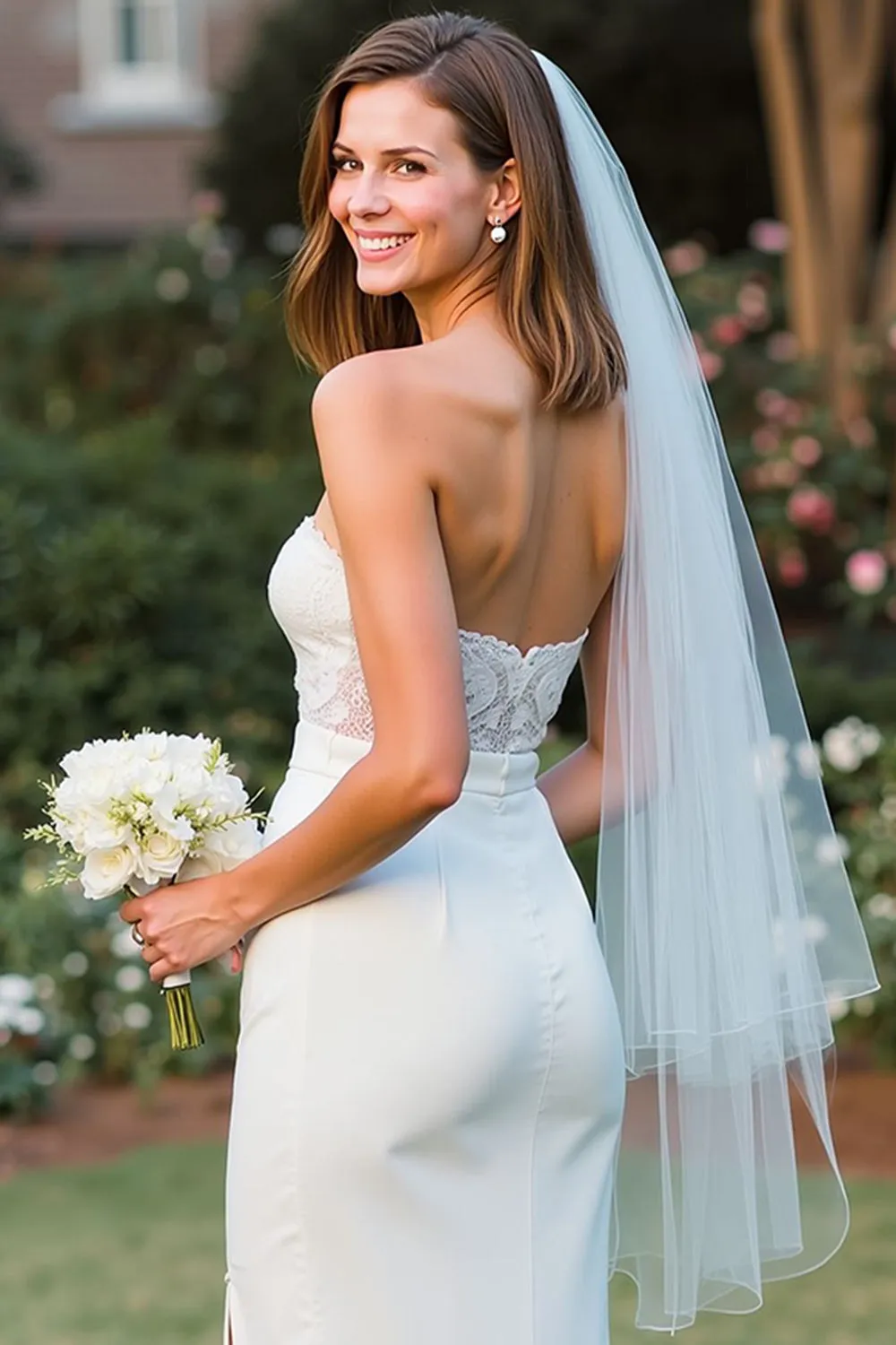 White Strapless Lace Sheath Midi Wedding Dress with Slit sold by Zapaka product image thumbnail 4