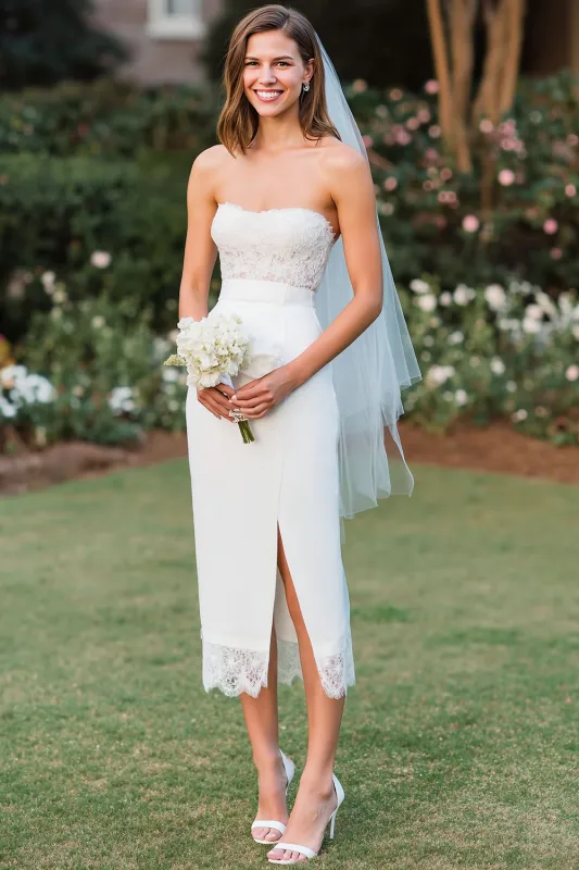 White Strapless Lace Sheath Midi Wedding Dress with Slit made by Zapaka
