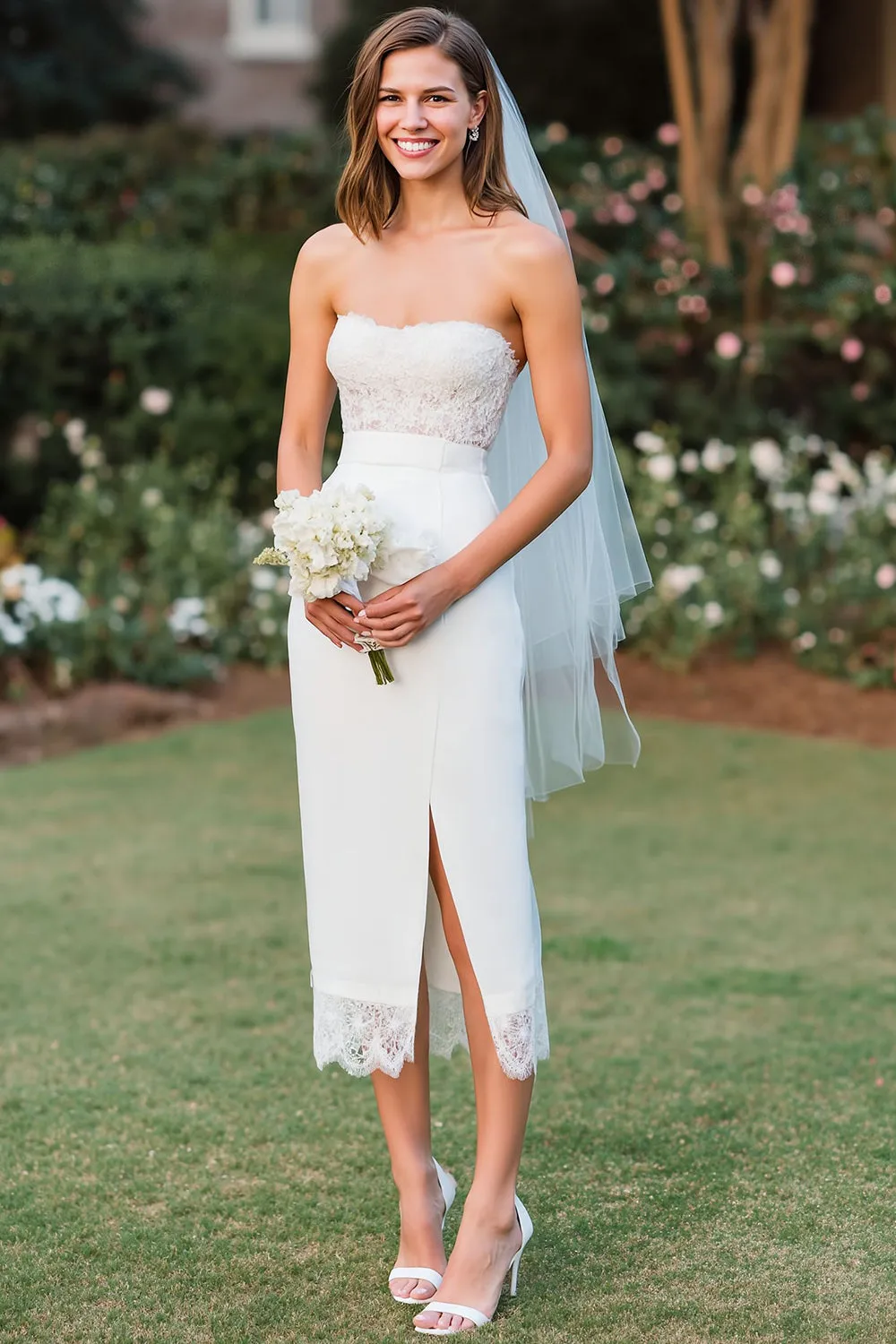 White Strapless Lace Sheath Midi Wedding Dress with Slit sold by Zapaka