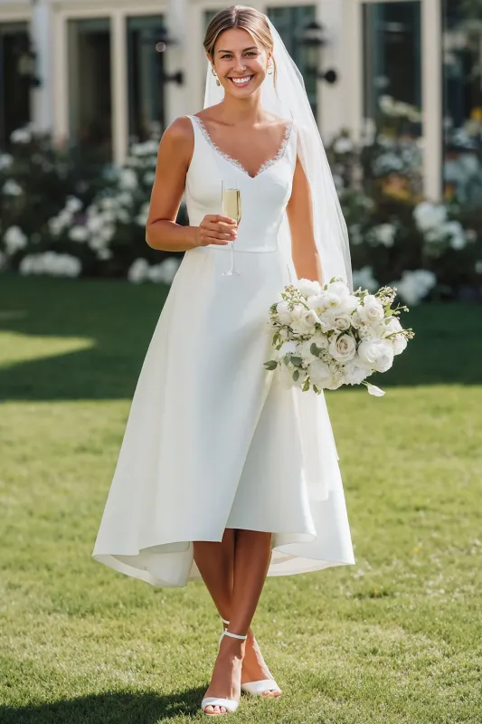 White V Neck Lace A Line Midi Satin Wedding Dress sold by Zapaka