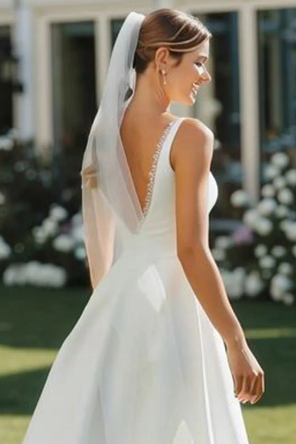 White V Neck Lace A Line Midi Satin Wedding Dress sold by Zapaka product image thumbnail 5