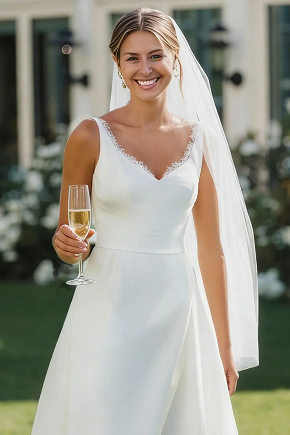 White V Neck Lace A Line Midi Satin Wedding Dress sold by Zapaka product image thumbnail 4