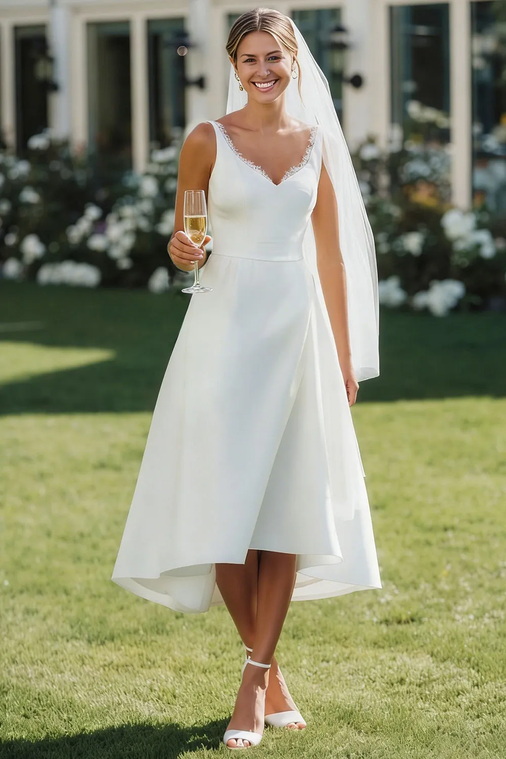 White V Neck Lace A Line Midi Satin Wedding Dress sold by Zapaka product image thumbnail 3