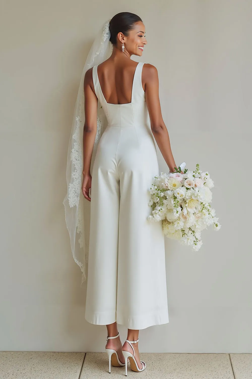 White Boat Neck Satin A Line Long Wedding Suits sold by Zapaka product image thumbnail 5