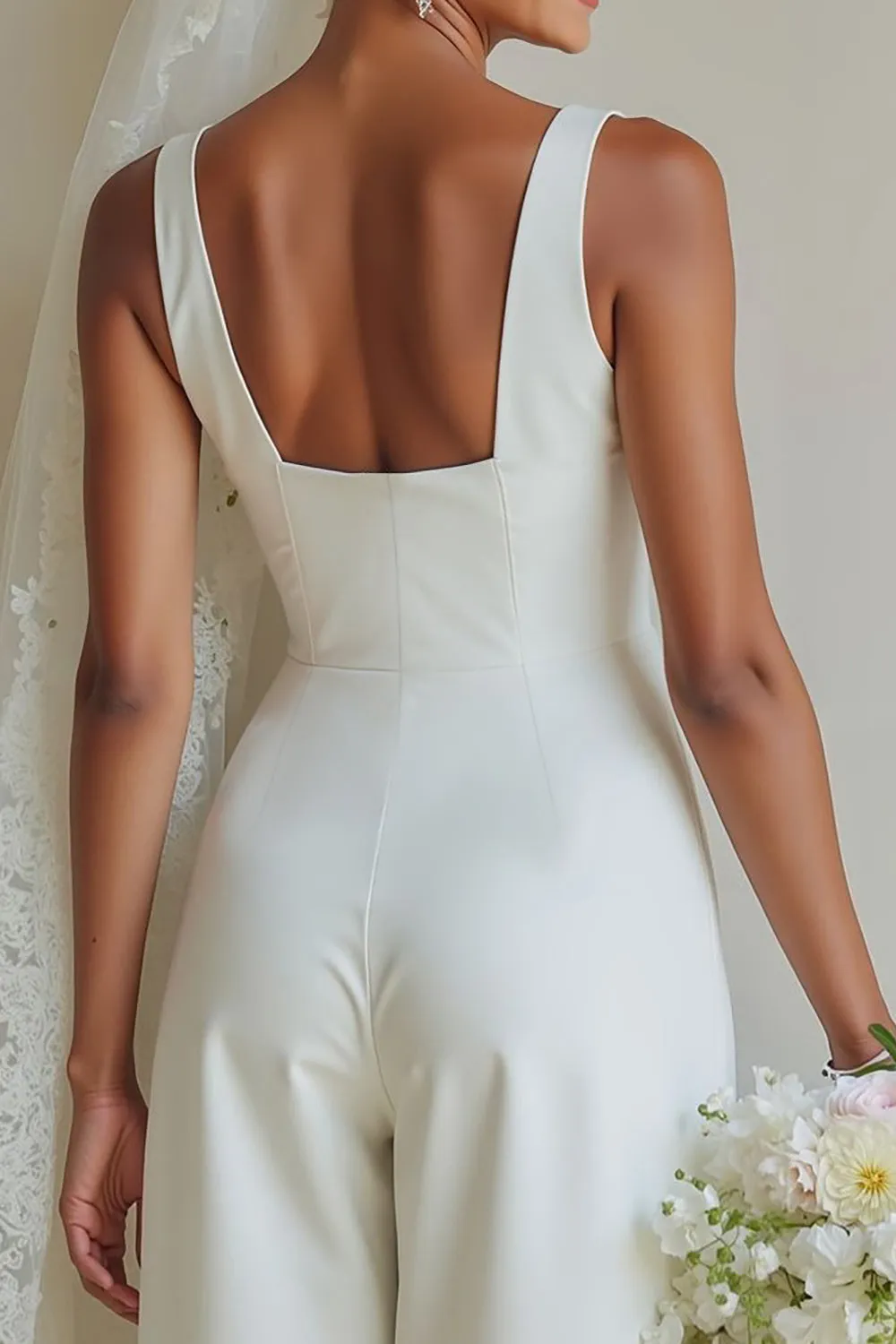 White Boat Neck Satin A Line Long Wedding Suits sold by Zapaka product image thumbnail 4