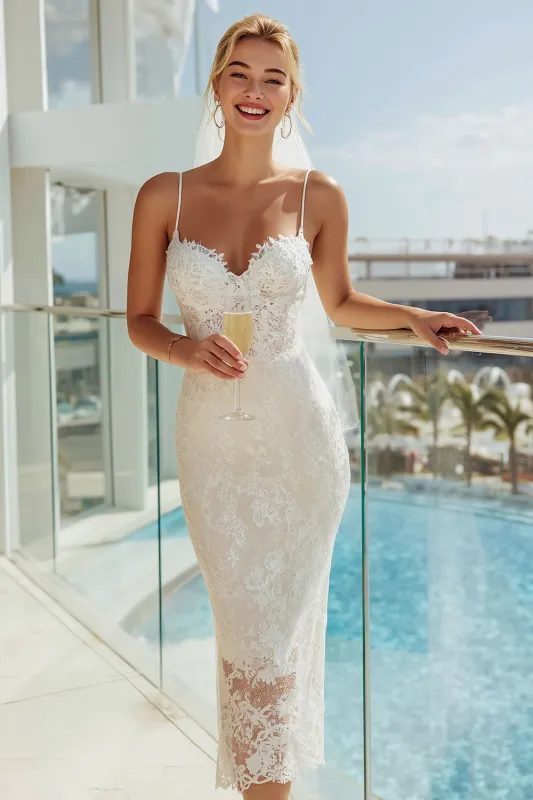 Spaghetti Straps Lace White Sheath Wedding Dress made by Zapaka