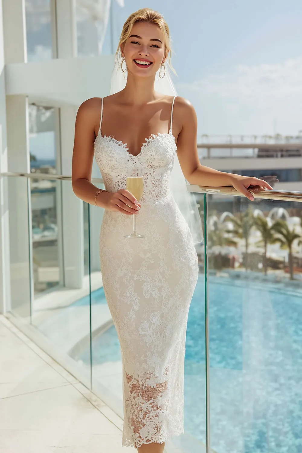 Spaghetti Straps Lace White Sheath Wedding Dress sold by Zapaka