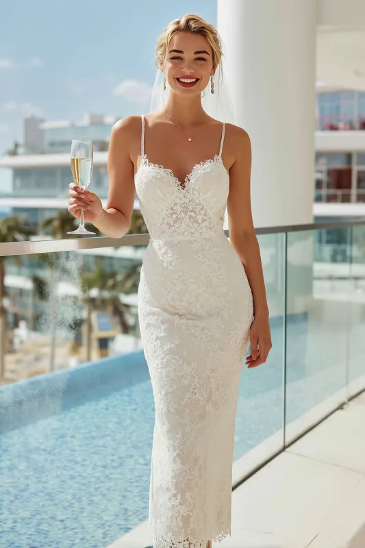 Lace Spaghetti Straps White Sheath Long Wedding Dress made by Zapaka