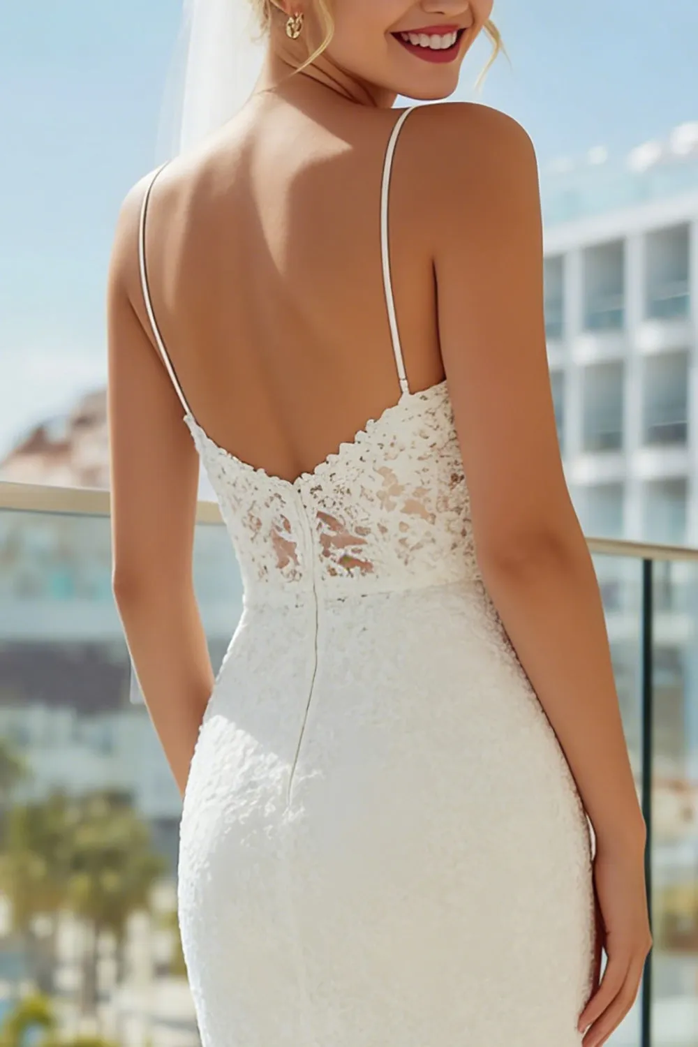 Lace Ivory Sheath Spaghetti Straps Long Wedding Dress sold by Zapaka product image thumbnail 4