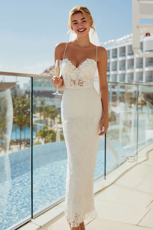 Ivory Lace Sheath Spaghetti Straps Midi Wedding Dress sold by Zapaka