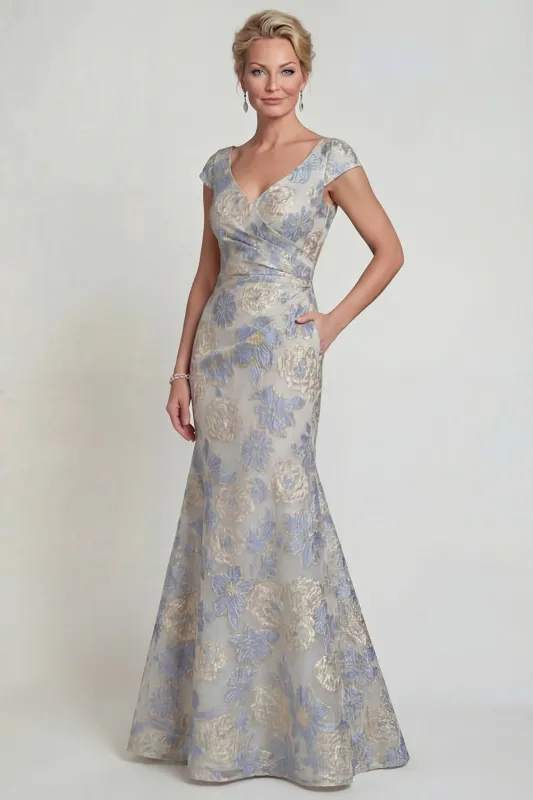 Dusty Blue Mermaid Floral Cap Sleeves Mother of the Bride Dress with Pockets made by Zapaka