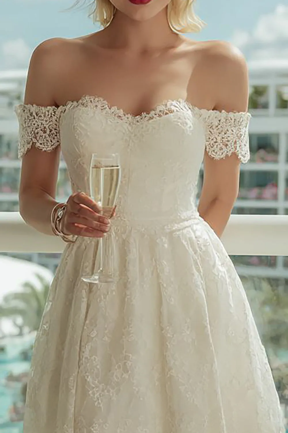 Ivory Off the Shoulder Lace A Line Midi Wedding Dress sold by Zapaka product image thumbnail 3