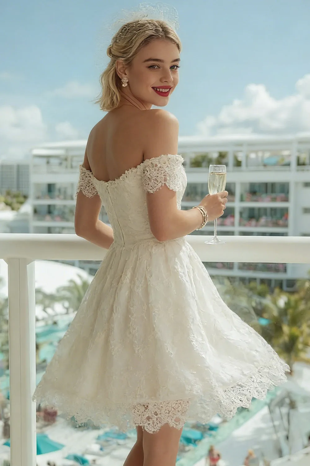 Ivory Off the Shoulder Lace A Line Midi Wedding Dress sold by Zapaka product image thumbnail 5