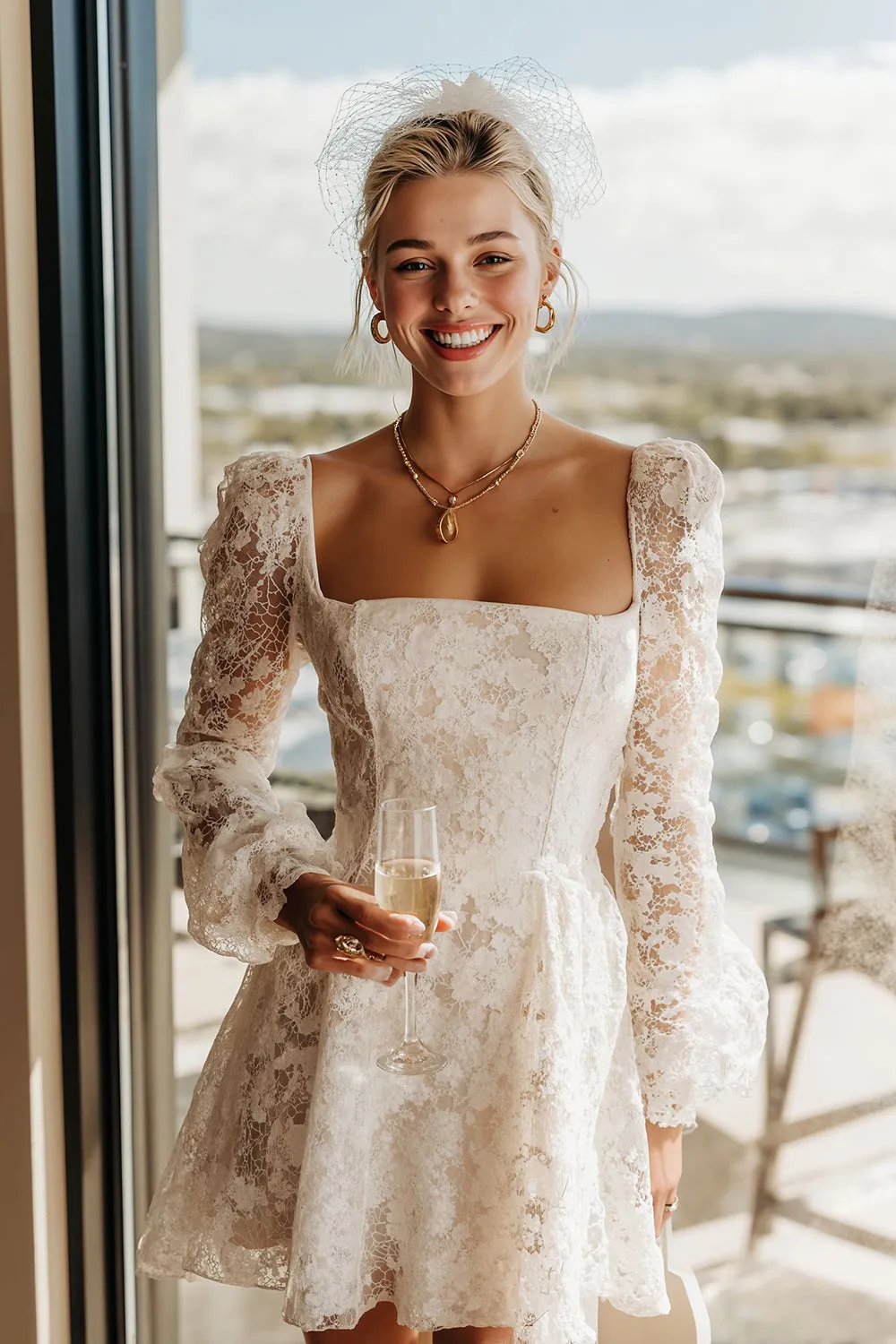 Apricot Lace Square Neck Midi Wedding Dress with Long Sleeves sold by Zapaka