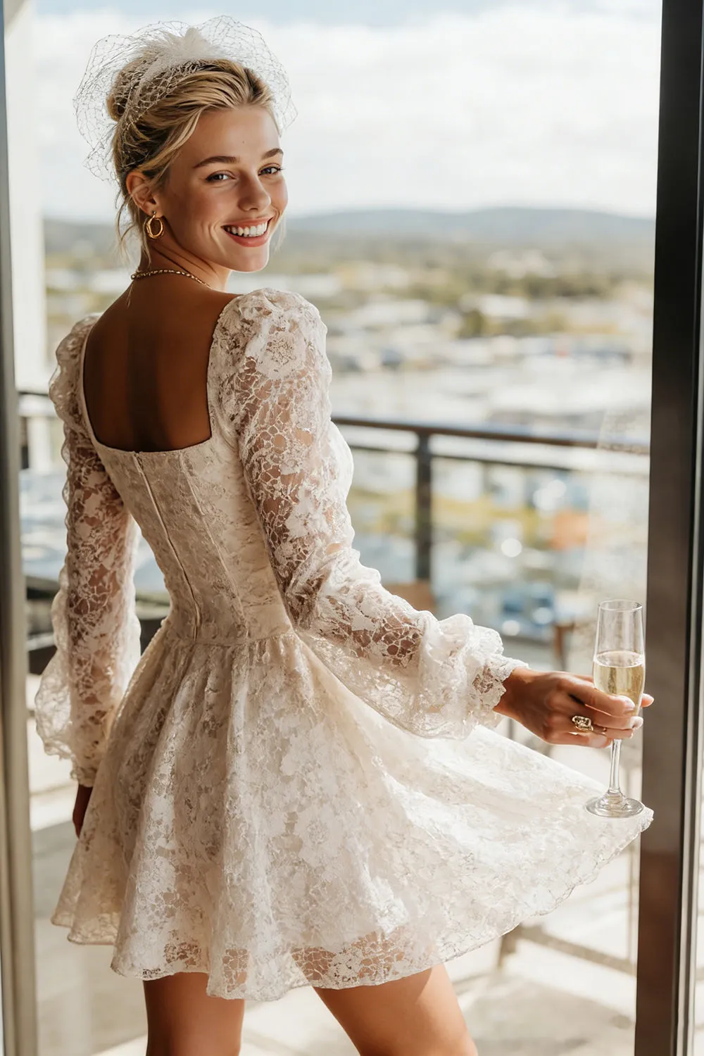 Apricot Lace Square Neck Midi Wedding Dress with Long Sleeves sold by Zapaka product image thumbnail 2