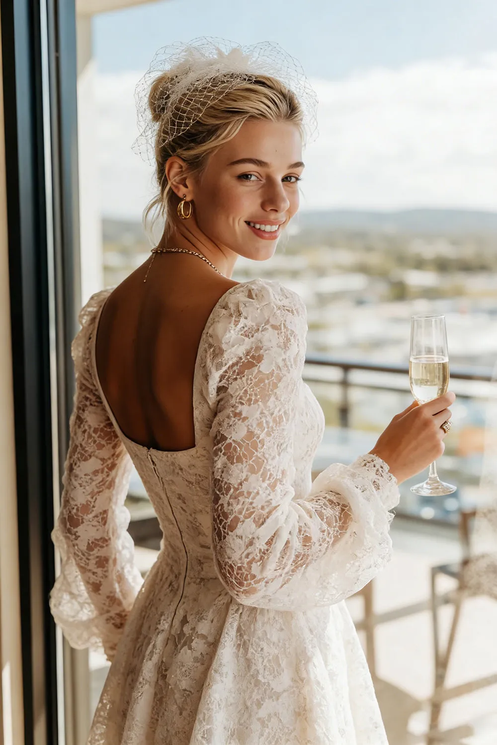 Apricot Lace Square Neck Midi Wedding Dress with Long Sleeves sold by Zapaka product image thumbnail 4