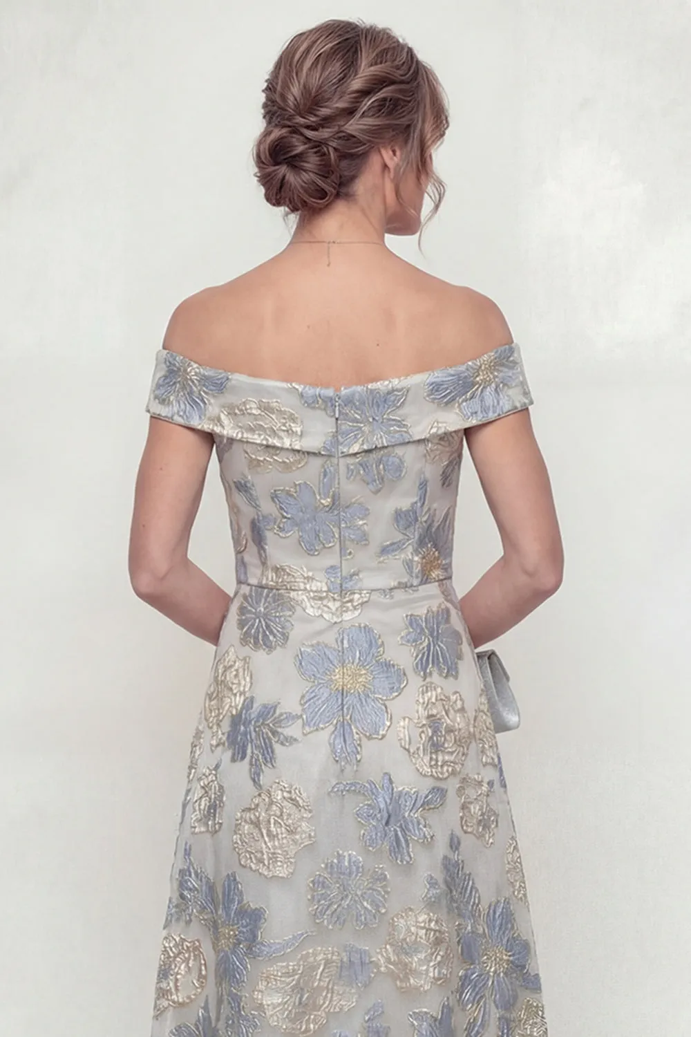 Dusty Blue A Line Off The Shoulder Jacquard Long Mother of the Bride Dress sold by Zapaka product image thumbnail 4