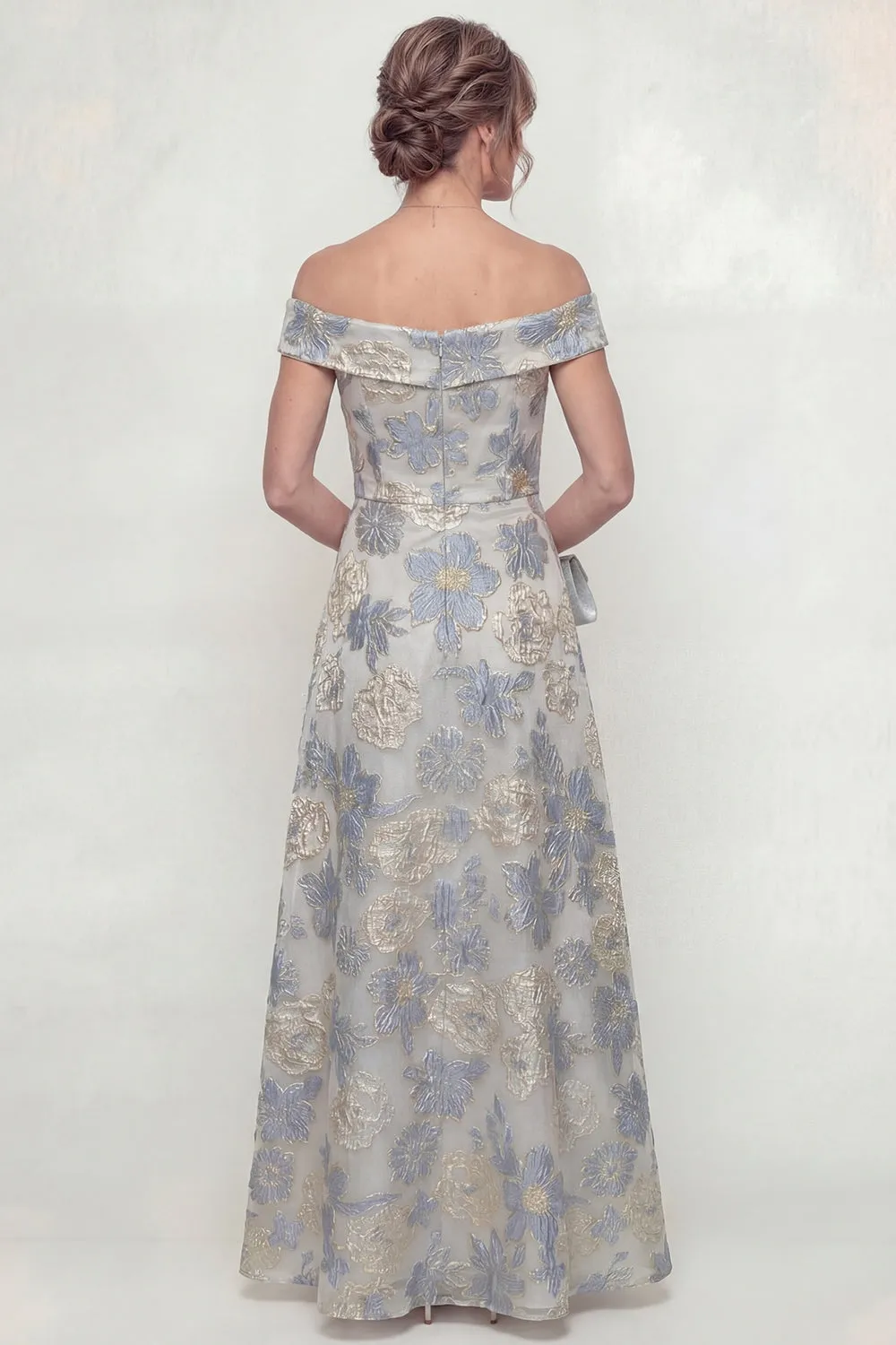 Dusty Blue A Line Off The Shoulder Jacquard Long Mother of the Bride Dress sold by Zapaka product image thumbnail 2
