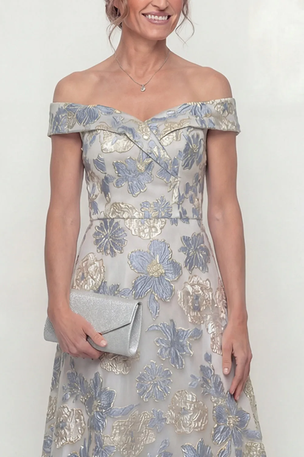 Dusty Blue A Line Off The Shoulder Jacquard Long Mother of the Bride Dress sold by Zapaka product image thumbnail 3