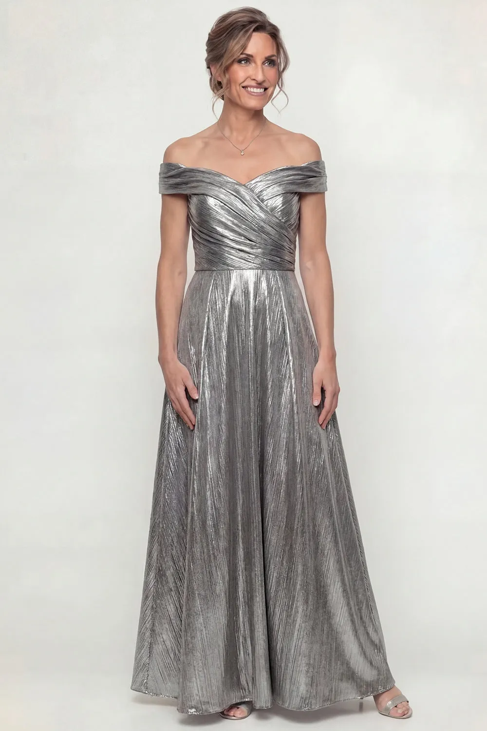 Metallic Silver Off The Shoulder Ruched A Line Long Mother of the Bride Dress sold by Zapaka product image thumbnail 3