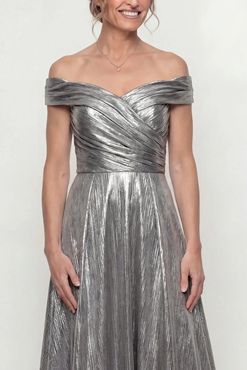 Metallic Silver Off The Shoulder Ruched A Line Long Mother of the Bride Dress sold by Zapaka product image thumbnail 4