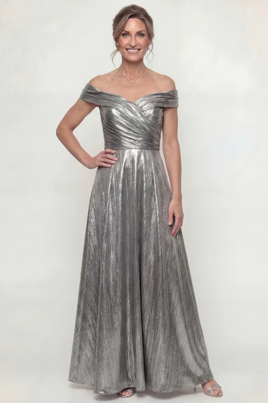 Metallic Silver Off The Shoulder Ruched A Line Long Mother of the Bride Dress made by Zapaka