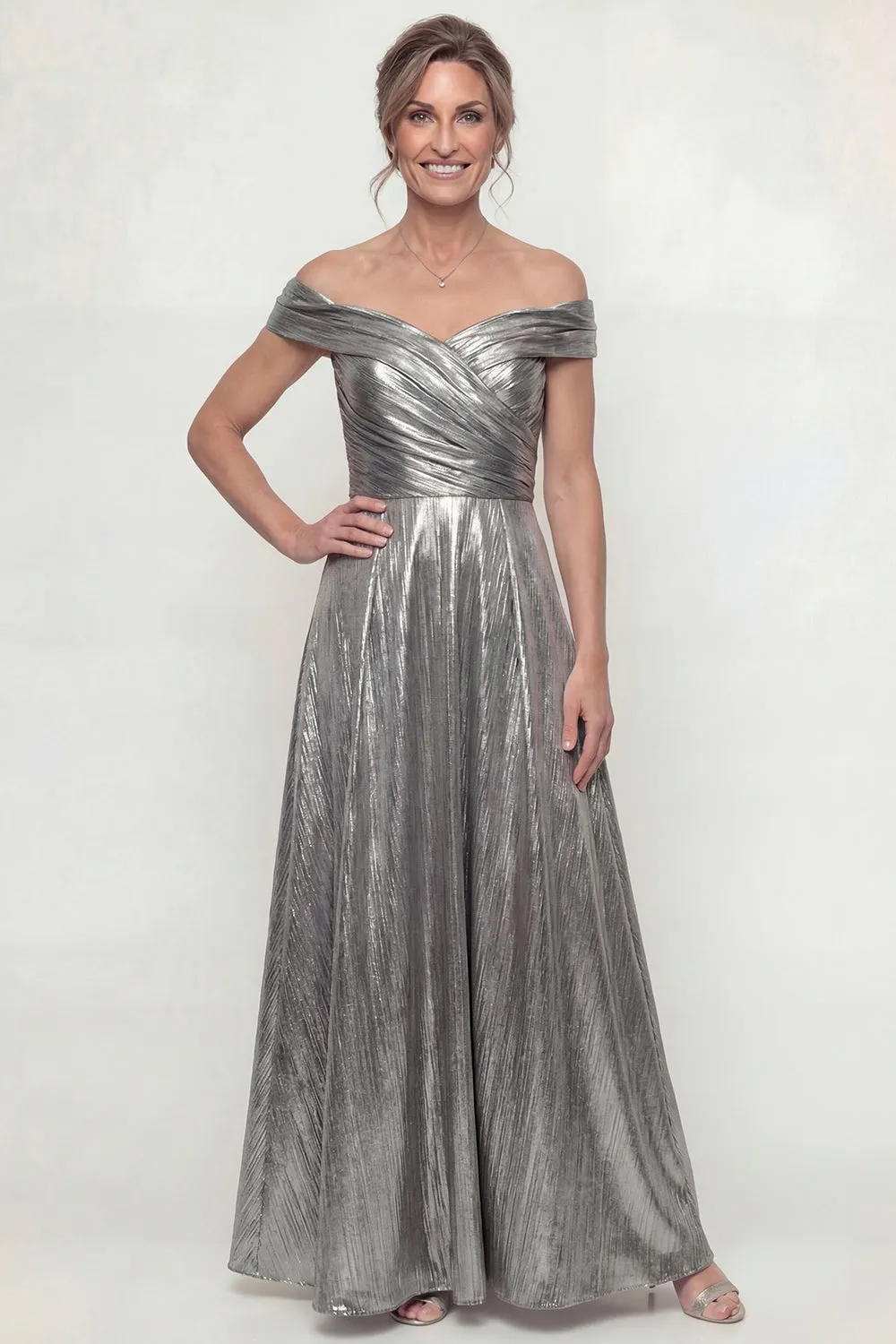 Metallic Silver Off The Shoulder Ruched A Line Long Mother of the Bride Dress sold by Zapaka