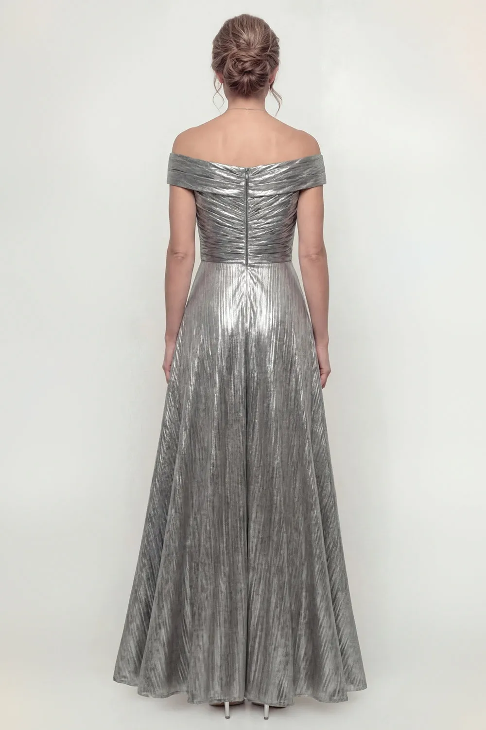 Metallic Silver Off The Shoulder Ruched A Line Long Mother of the Bride Dress sold by Zapaka product image thumbnail 2