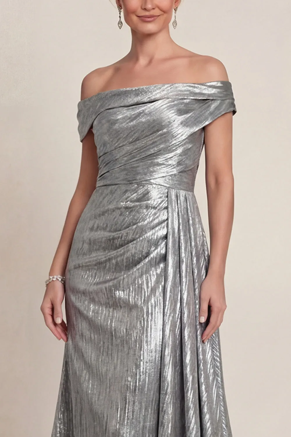 Off The Shoulder Ruched A Line Grey Silver Long Mother of the Bride Dress sold by Zapaka product image thumbnail 3