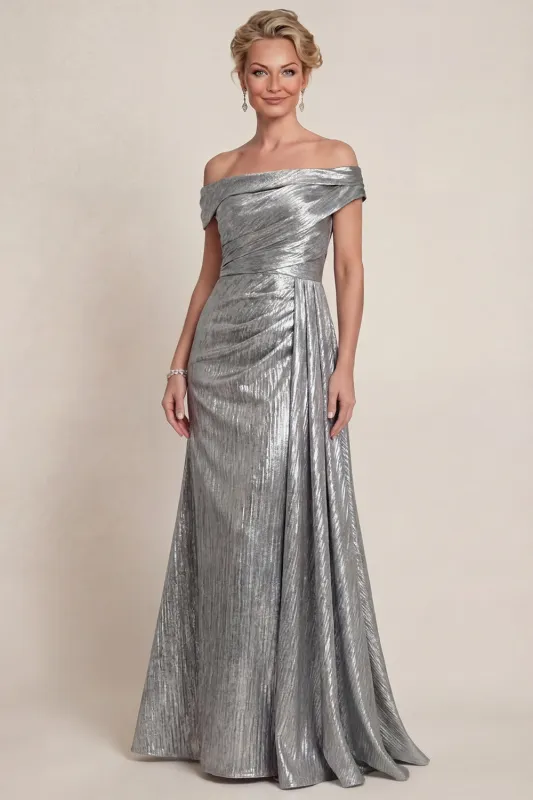 Off The Shoulder Ruched A Line Grey Silver Long Mother of the Bride Dress made by Zapaka