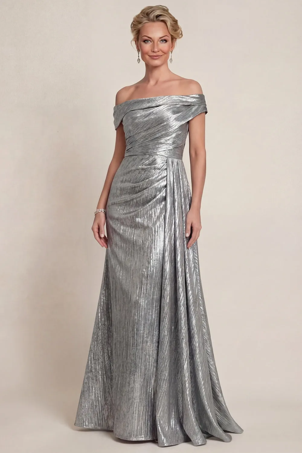 Off The Shoulder Ruched A Line Grey Silver Long Mother of the Bride Dress sold by Zapaka