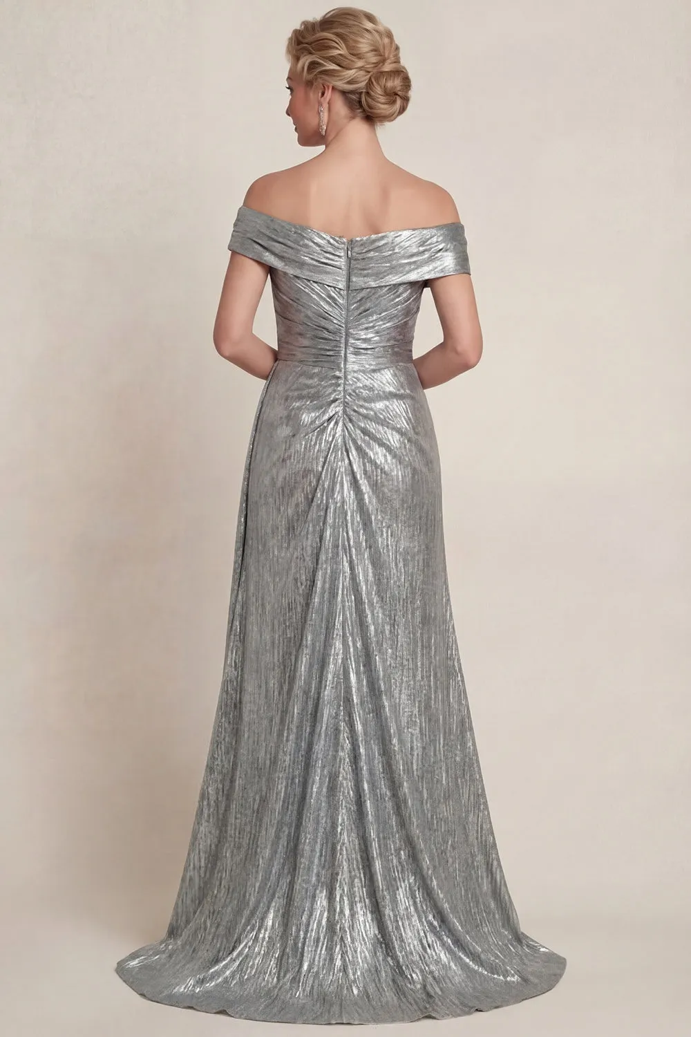 Off The Shoulder Ruched A Line Grey Silver Long Mother of the Bride Dress sold by Zapaka product image thumbnail 2