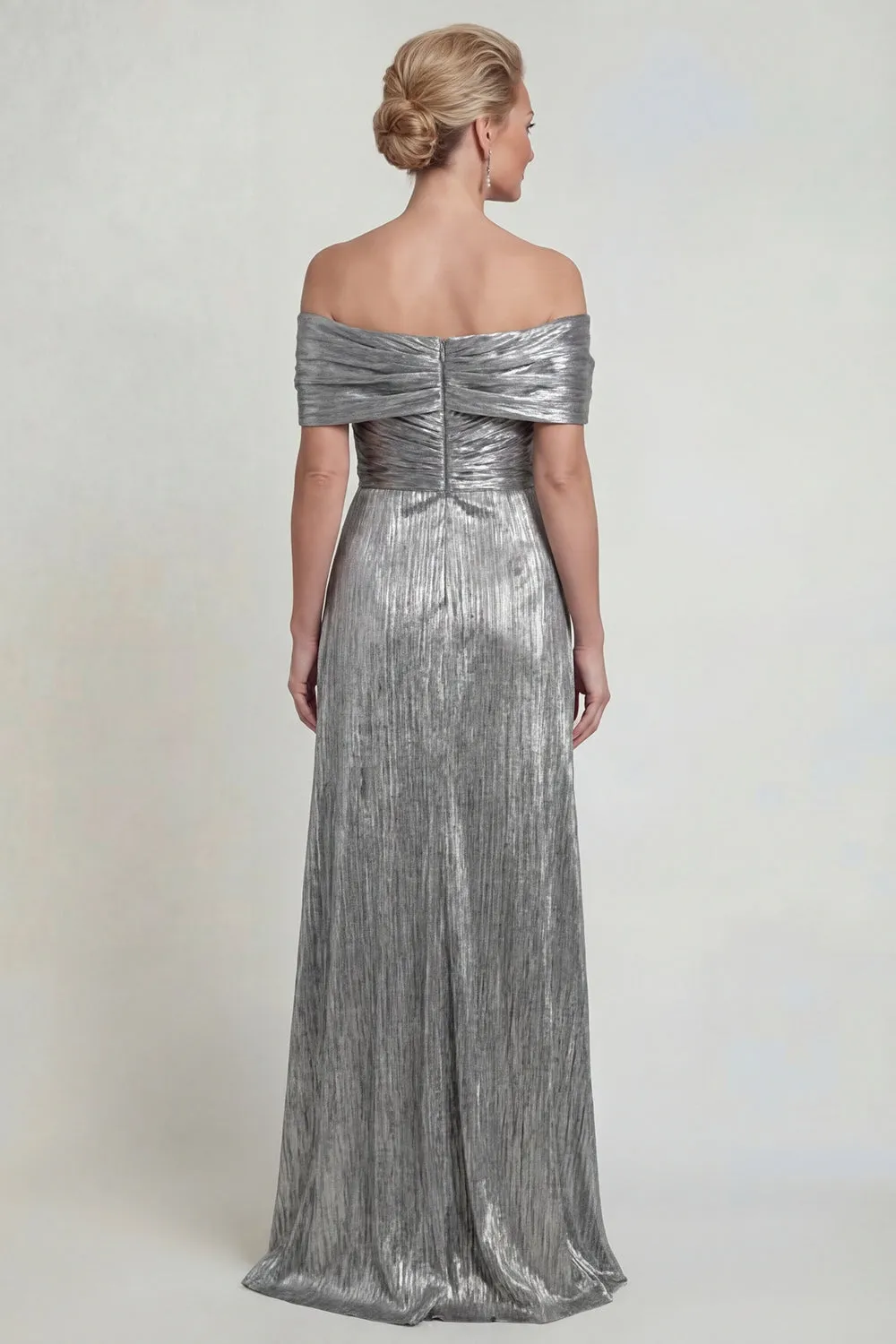 Grey Silver A Line Off The Shoulder Ruched Mother of the Bride Dress with Slit sold by Zapaka product image thumbnail 2