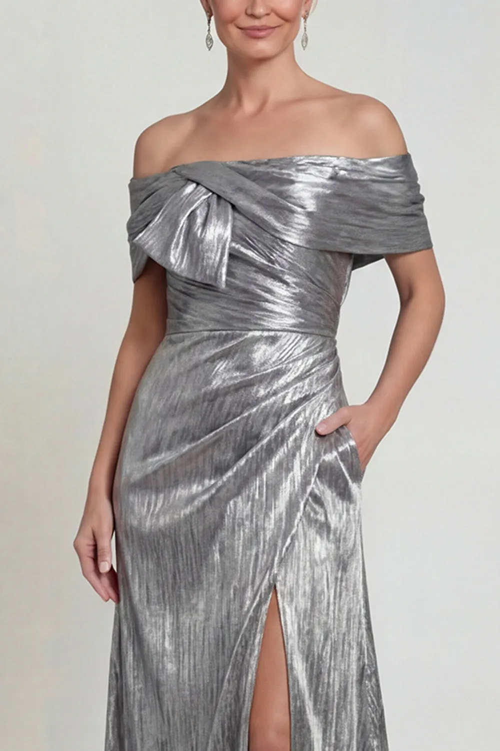 Grey Silver A Line Off The Shoulder Ruched Mother of the Bride Dress with Slit sold by Zapaka product image thumbnail 3