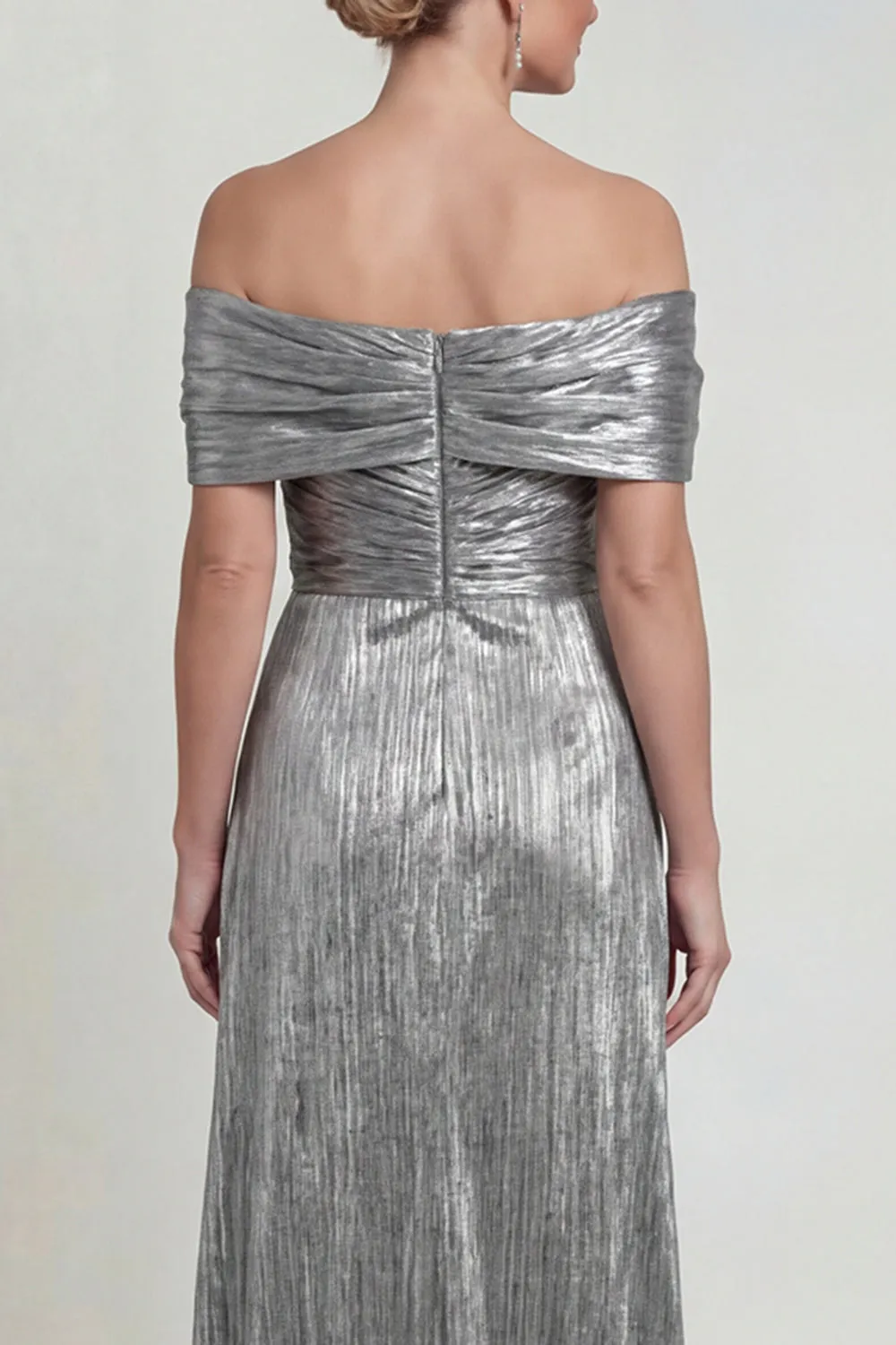 Grey Silver A Line Off The Shoulder Ruched Mother of the Bride Dress with Slit sold by Zapaka product image thumbnail 4