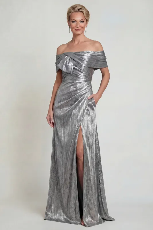 Grey Silver A Line Off The Shoulder Ruched Mother of the Bride Dress with Slit sold by Zapaka