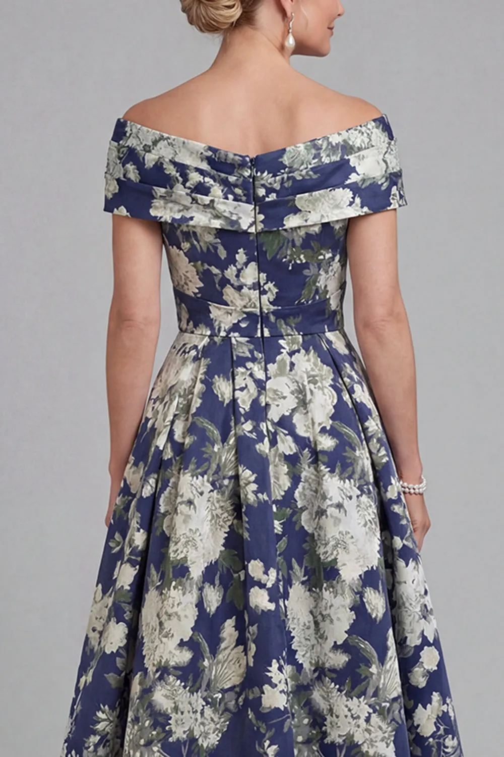 Navy Off The Shoulder Floral A Line Printed Mother of the Bride Dress with Pockets sold by Zapaka product image thumbnail 4