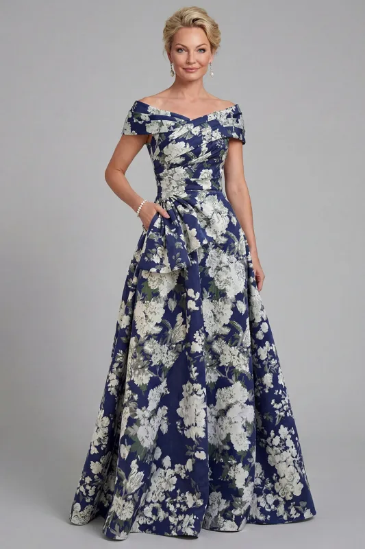 Navy Off The Shoulder Floral A Line Printed Mother of the Bride Dress with Pockets sold by Zapaka