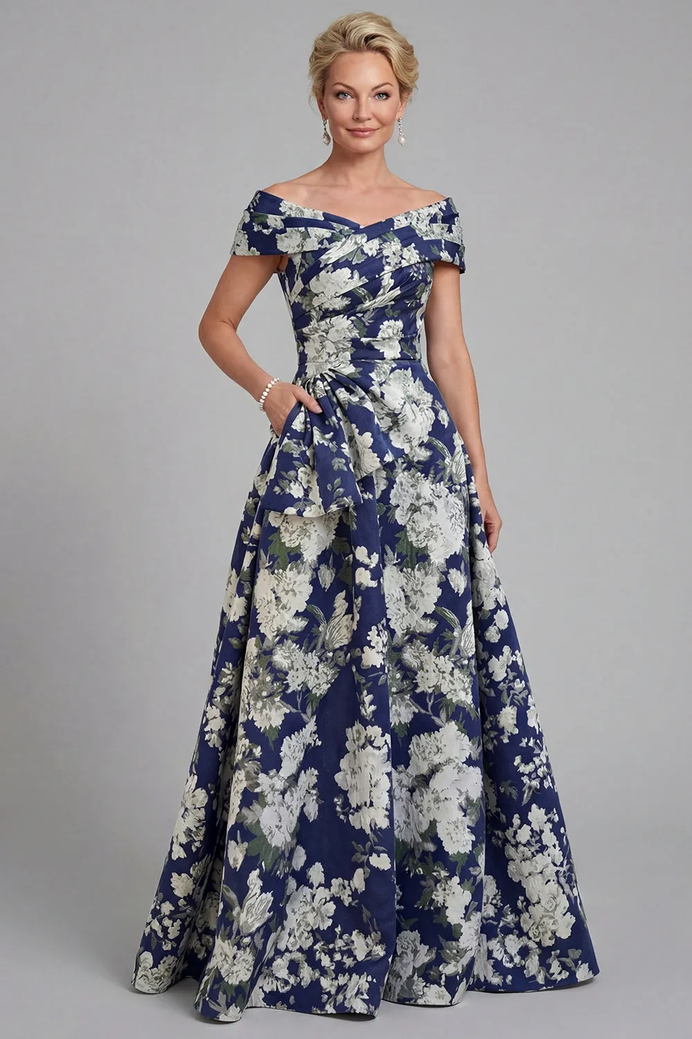 Navy Off The Shoulder Floral A Line Printed Mother of the Bride Dress with Pockets sold by Zapaka