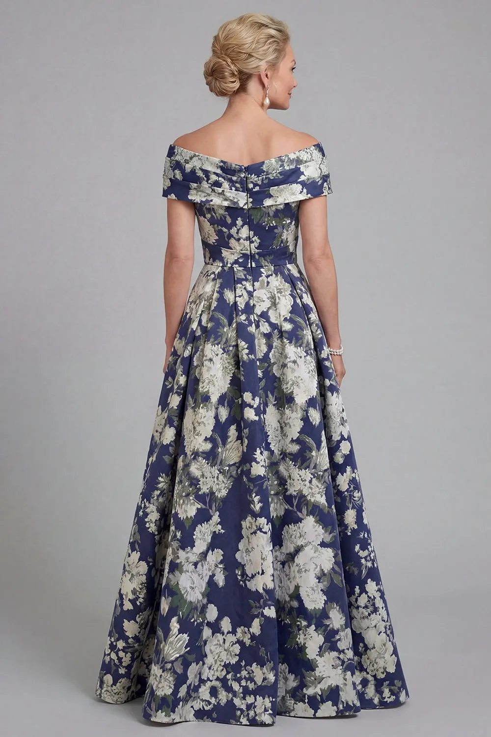 Navy Off The Shoulder Floral A Line Printed Mother of the Bride Dress with Pockets sold by Zapaka product image thumbnail 2